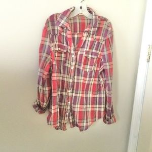 Red and Gray Plaid Button Down Blouse, Juniors, Size Medium, Love Culture,